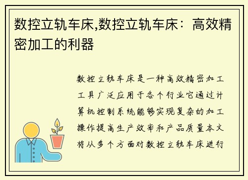 数控立轨车床,数控立轨车床：高效精密加工的利器